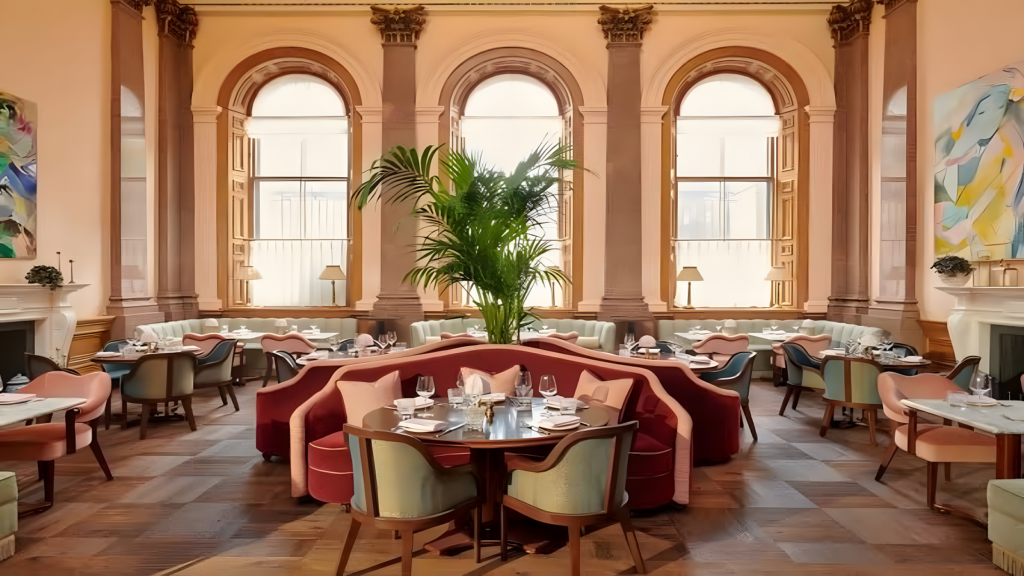 The stunning, high-ceilinged dining room of The Spence restaurant inside the Gleneagles Townhouse, featuring grand stone pillars and a central bar.